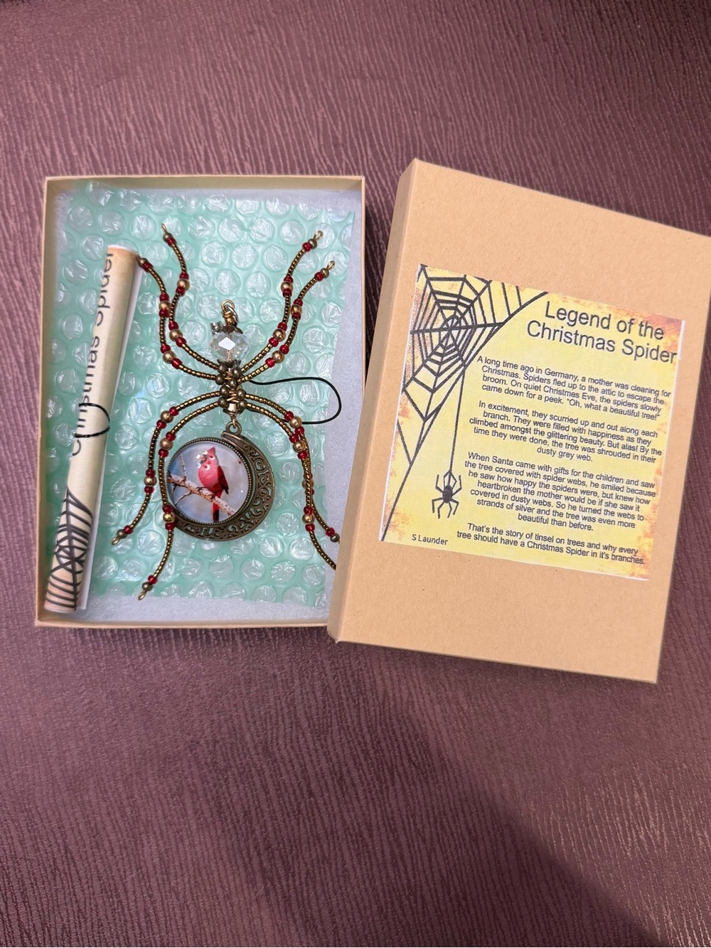Beaded Decorative Spider Ornament with Cardinal Accent Charm - Gold & Red